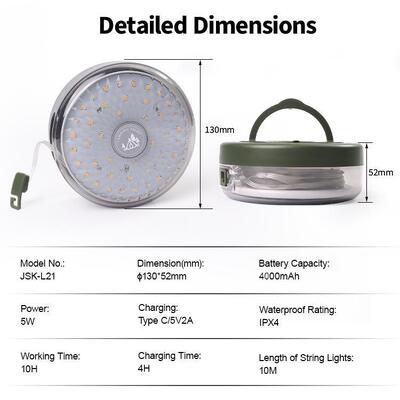0268kg Bulk Supply Type C Charging IP67 Waterproof LED Camping Lights String Adjustable Brightness Dynamic Modes Outdoor