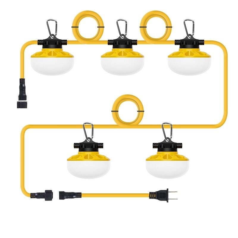 AC Power Supply 50FT Total Length 5 Bulbs 45W 6300Lm Linkable Portable Outdoor IP65 LED Site Construction String Light